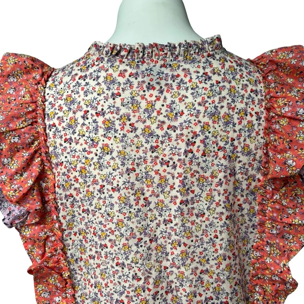 Ann Taylor Purple Orange Floral Ruffle Flutter Keyhole Button Blouse, Sz M - Picture 9 of 14